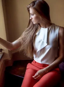 Beautiful baby dressed in orange jeans has erected nipples