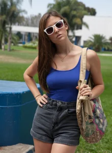 Exciting girl is walking outside in tight jeans shorts