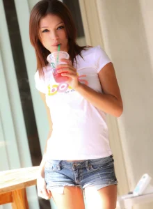 Puffy nipples baby dressed in white t-shirt and jeans shorts
