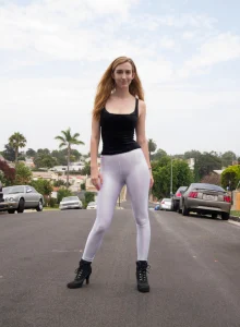 Sexy baby is walking on the street in tight white spandex