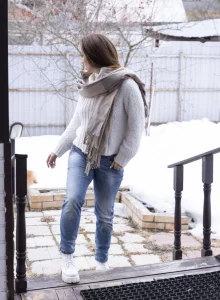 Sweet girl with hairy pussy wearing denim jeans and red lace underwear