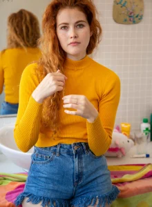 Wonderful redhead chick has tasty workable apple ass in tight cut jeans shorts, she is wearing see-through white lace bra on top of erected nipples and sexy panties with cameltoe