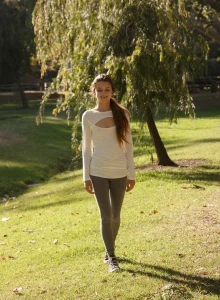 Young Alex Mae is walking in the upscale part in tight grey spandex